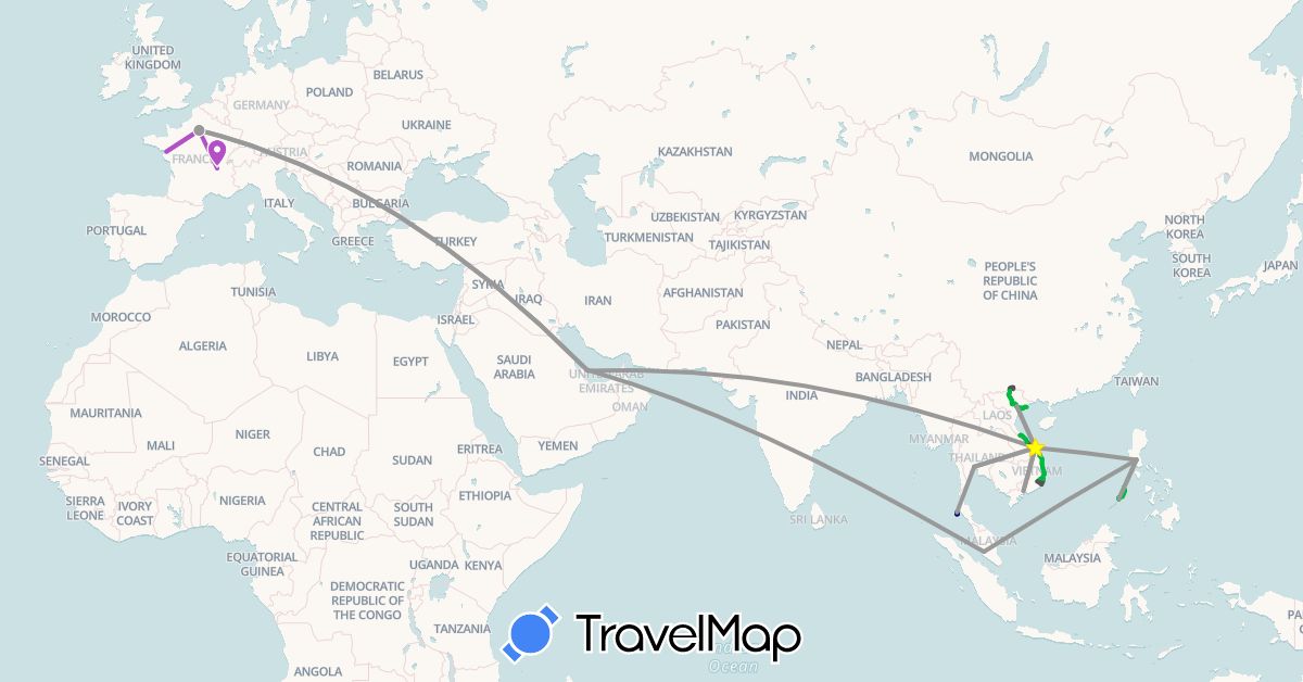 TravelMap itinerary: driving, bus, plane, train, boat, motorbike in France, Malaysia, Philippines, Qatar, Thailand, Vietnam (Asia, Europe)